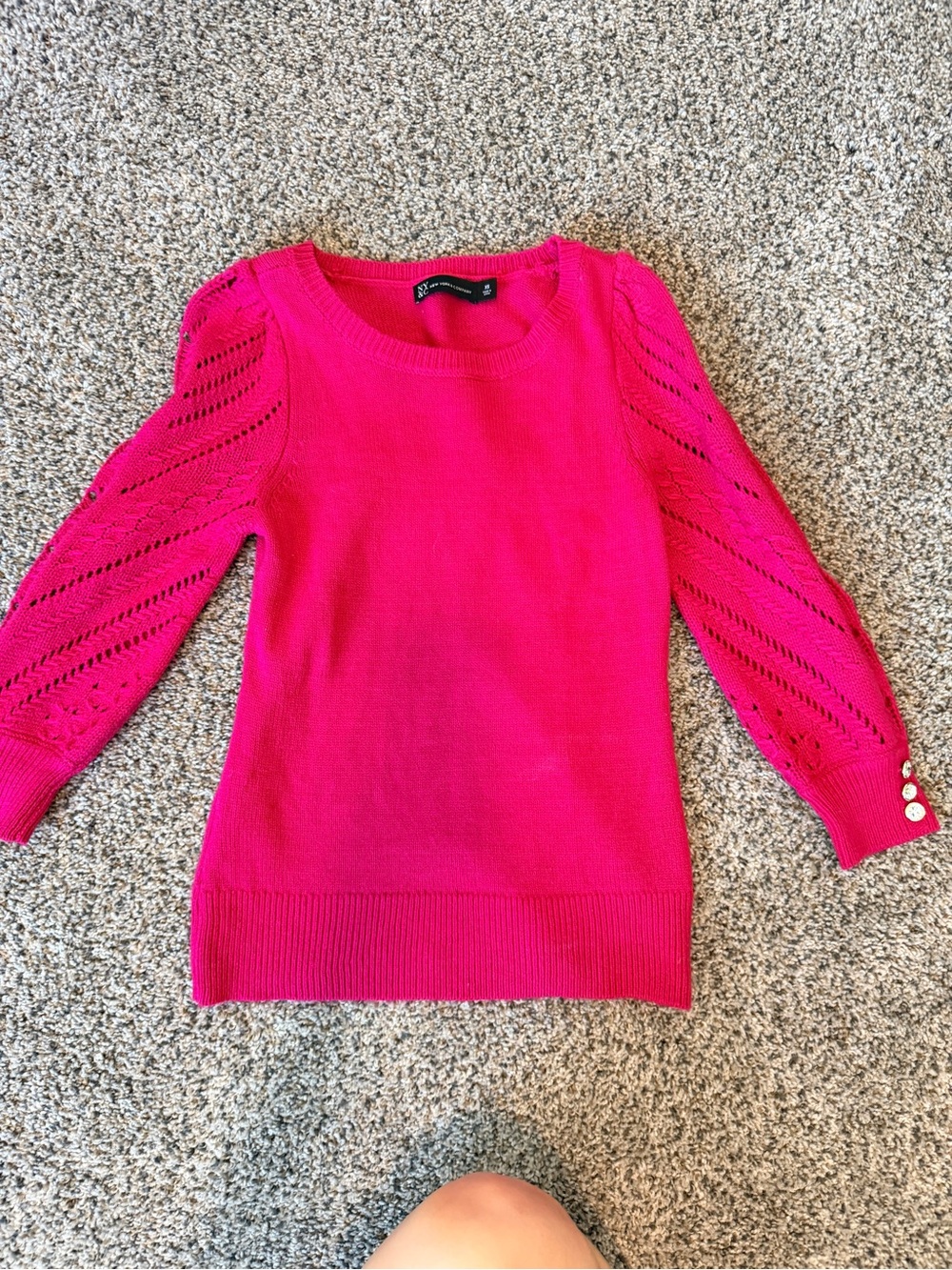 New York & Company Hot Pink Open-Stitch Sleeve Crewneck Sweater